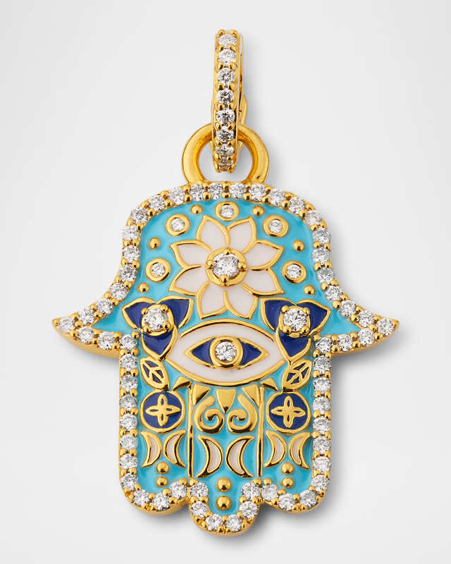 20K Small Hamsa Pendant with Diamonds and Enamel